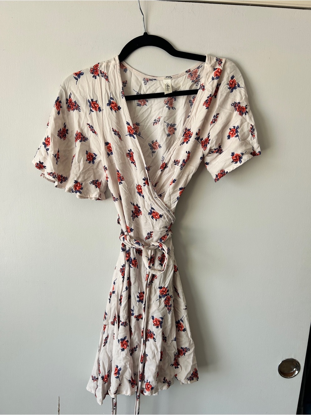 mahina Cream Wrap Mini Dress with Red Floral Print